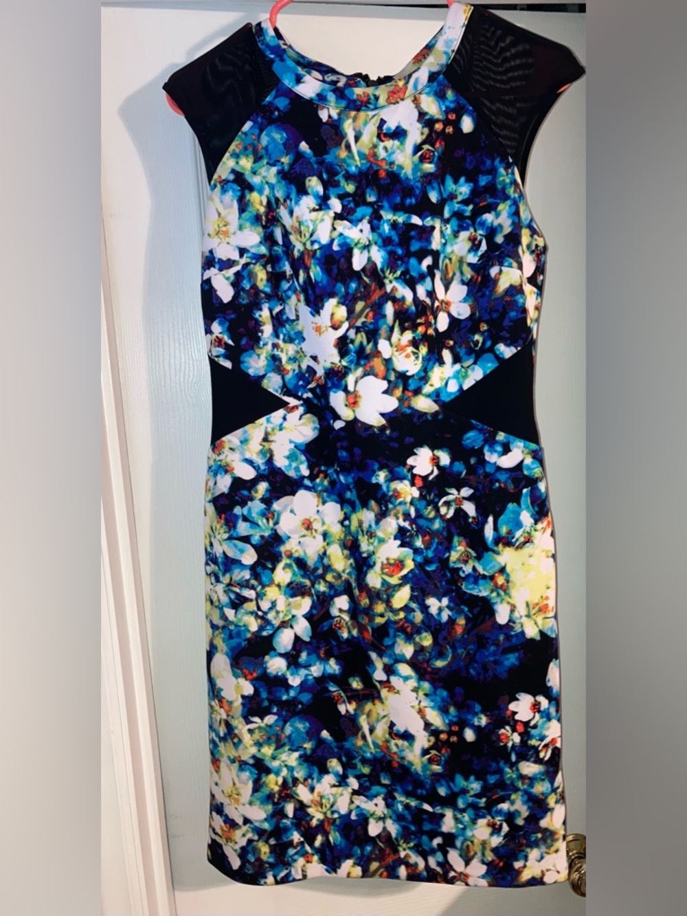 Worthington Blue Floral Sheath Dress with Sheer Black Panels Like New Size 4